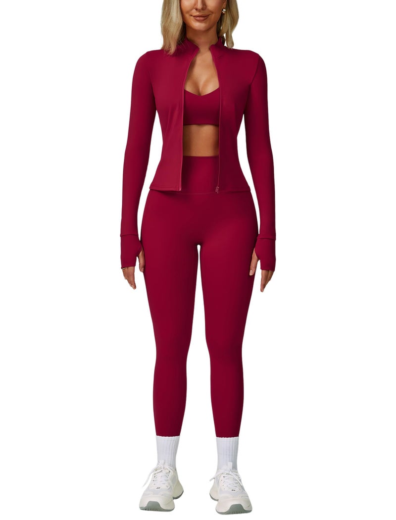 ABOCIW Workout Sets for Women 3 Piece Zipper Long Sleeve Jacket with Thumb Holes V Neck Sports Bra High Waist Leggings Gym Yoga Pilates Outfits Berry Red Medium - Image 1