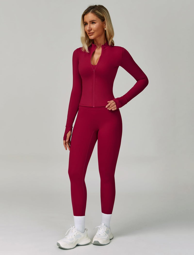 ABOCIW Workout Sets for Women 3 Piece Zipper Long Sleeve Jacket with Thumb Holes V Neck Sports Bra High Waist Leggings Gym Yoga Pilates Outfits Berry Red Medium - Image 3