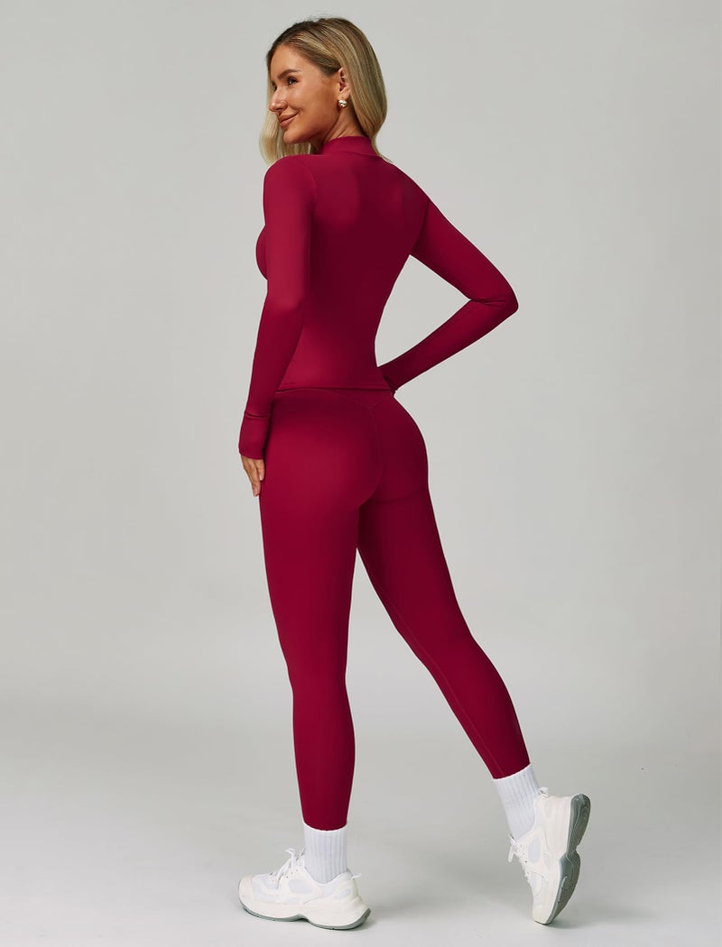 ABOCIW Workout Sets for Women 3 Piece Zipper Long Sleeve Jacket with Thumb Holes V Neck Sports Bra High Waist Leggings Gym Yoga Pilates Outfits Berry Red Medium - Image 2