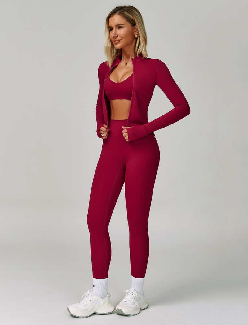 ABOCIW Workout Sets for Women 3 Piece Zipper Long Sleeve Jacket with Thumb Holes V Neck Sports Bra High Waist Leggings Gym Yoga Pilates Outfits Berry Red Medium - Image 4