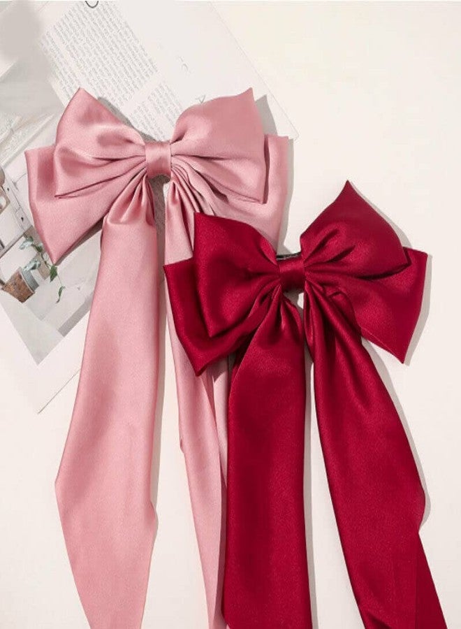 WHISKET Satin Large Hair Bows Giant Bow Hair Clips French Barrettes with Long Silky Ribbon Bowknot Bun Ponytail Holder Accessories for Women Lady Girl [color may very] (2) - Image 5