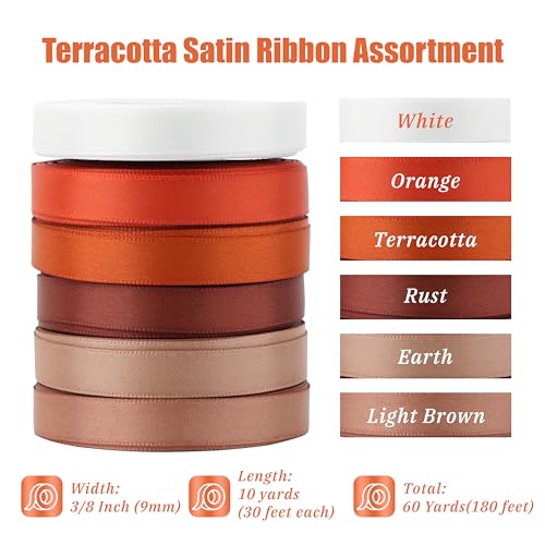 DINDOSAL Terracotta Ribbon 38 Inch Thin Burnt Orange Satin Ribbon 6 Rolls Assortment for Crafts Wedding Baby Shower Decoration Gift Wrapping Invitation Card Tags 60Yards - Image 5