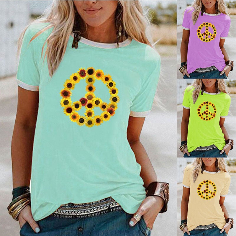 wish sunflower peace pattern printed edge contrast short sleeve t-shirt - Image 2