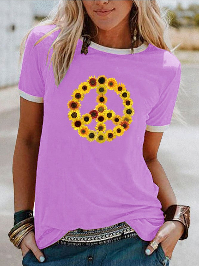 wish sunflower peace pattern printed edge contrast short sleeve t-shirt - Image 1