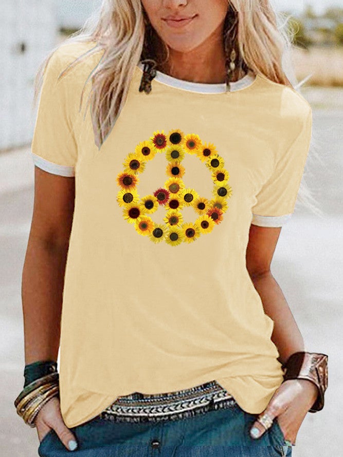 wish sunflower peace pattern printed edge contrast short sleeve t-shirt - Image 4