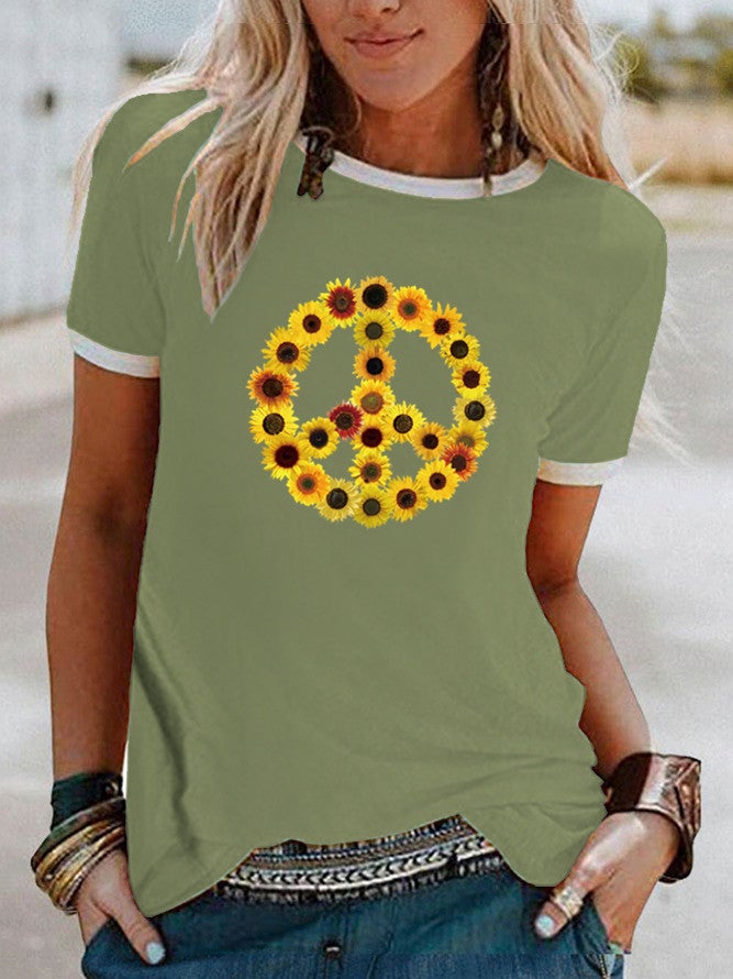 wish sunflower peace pattern printed edge contrast short sleeve t-shirt - Image 5
