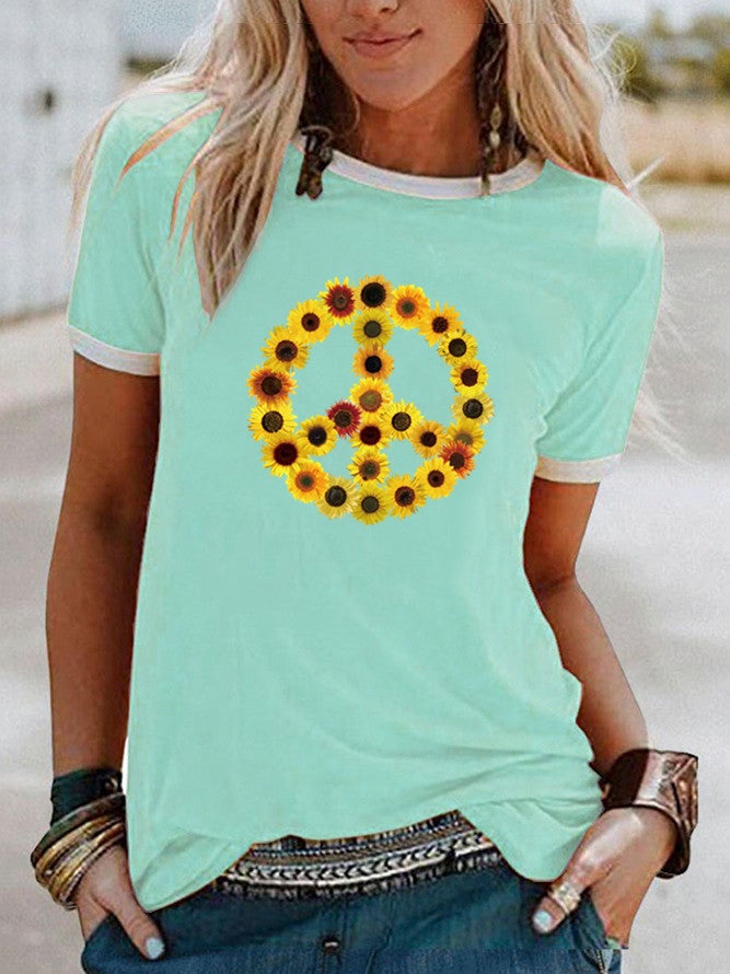 wish sunflower peace pattern printed edge contrast short sleeve t-shirt - Image 3