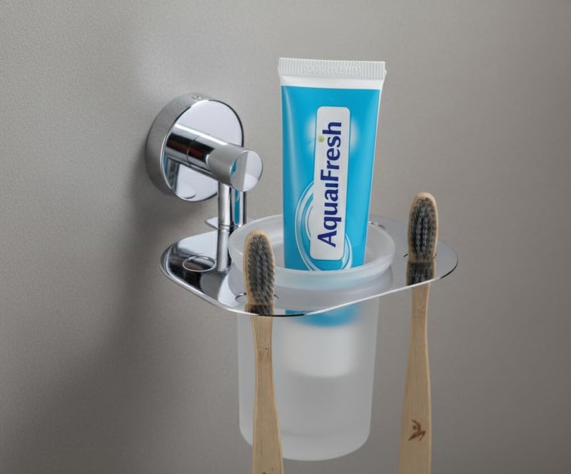 KANJAL Premium Stainless Steel Wall Mounted Toothbrush Holder with Frosted Glass Tumbler | 4-Slot Toothbrush Stand & Oral Care Organizer for Bathroom | Chrome Finish, Rust-Proof - Image 3
