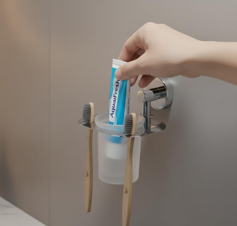 KANJAL Premium Stainless Steel Wall Mounted Toothbrush Holder with Frosted Glass Tumbler | 4-Slot Toothbrush Stand & Oral Care Organizer for Bathroom | Chrome Finish, Rust-Proof - Image 5