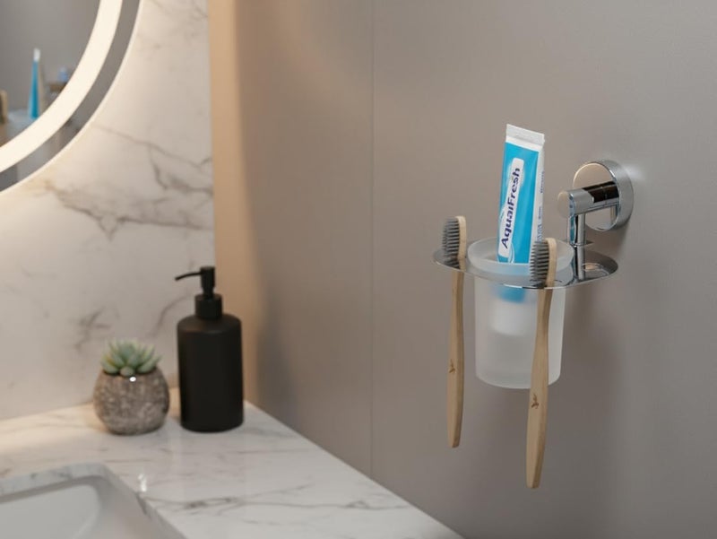 KANJAL Premium Stainless Steel Wall Mounted Toothbrush Holder with Frosted Glass Tumbler | 4-Slot Toothbrush Stand & Oral Care Organizer for Bathroom | Chrome Finish, Rust-Proof - Image 4