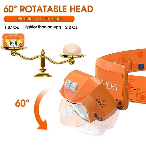 LHKNL Headlamp Flashlight, Lumen Ultra-Light Bright LED Rechargeable Headlight with White Red Light,2-Pack Waterproof Motion Sensor Head Lamp,8 Mode for Outdoor Camping Running Fishing- Orange - Image 5