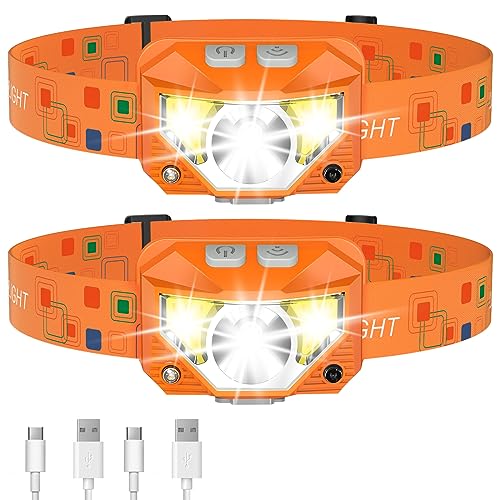 LHKNL Headlamp Flashlight, Lumen Ultra-Light Bright LED Rechargeable Headlight with White Red Light,2-Pack Waterproof Motion Sensor Head Lamp,8 Mode for Outdoor Camping Running Fishing- Orange - Image 1