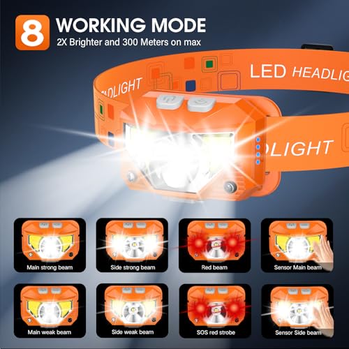LHKNL Headlamp Flashlight, Lumen Ultra-Light Bright LED Rechargeable Headlight with White Red Light,2-Pack Waterproof Motion Sensor Head Lamp,8 Mode for Outdoor Camping Running Fishing- Orange - Image 4