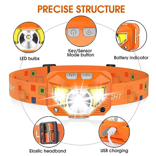 LHKNL Headlamp Flashlight, Lumen Ultra-Light Bright LED Rechargeable Headlight with White Red Light,2-Pack Waterproof Motion Sensor Head Lamp,8 Mode for Outdoor Camping Running Fishing- Orange - Image 2