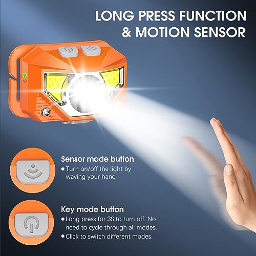 LHKNL Headlamp Flashlight, Lumen Ultra-Light Bright LED Rechargeable Headlight with White Red Light,2-Pack Waterproof Motion Sensor Head Lamp,8 Mode for Outdoor Camping Running Fishing- Orange - Image 3
