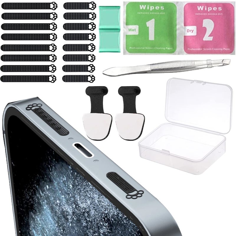 ZOTIMO Metal Mesh Anti Dust Proof Adhesive Net Sticker with Tweezers, Long and Short Speaker Dustproof Cover with Cleaning Kit Protects(16Pack 8short + 8long)(PAW+2 Apple Plug, Black) - Image 1