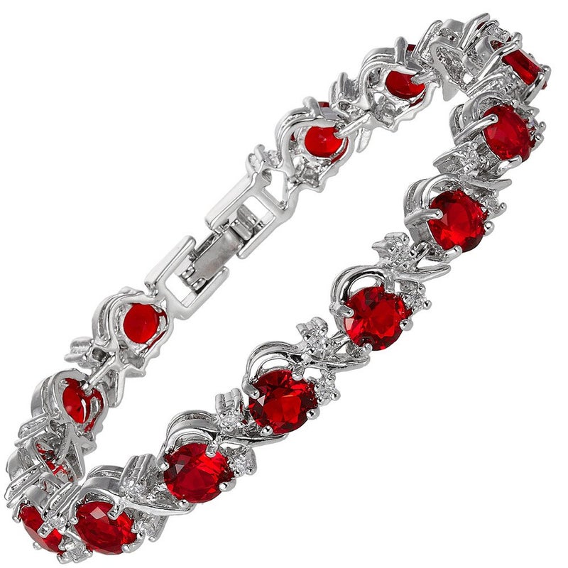 RIZILIA BLOSSOM Round Simulated Red Ruby and White Cubic Zirconia 18K White Gold Plated Tennis Bracelet, 7" - Image 1