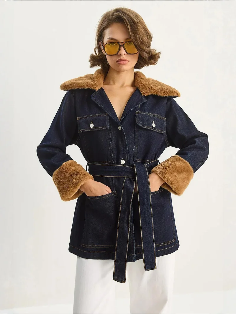 Bianco Lucci LUCCI Denim Jacket with Faux Fur Detail