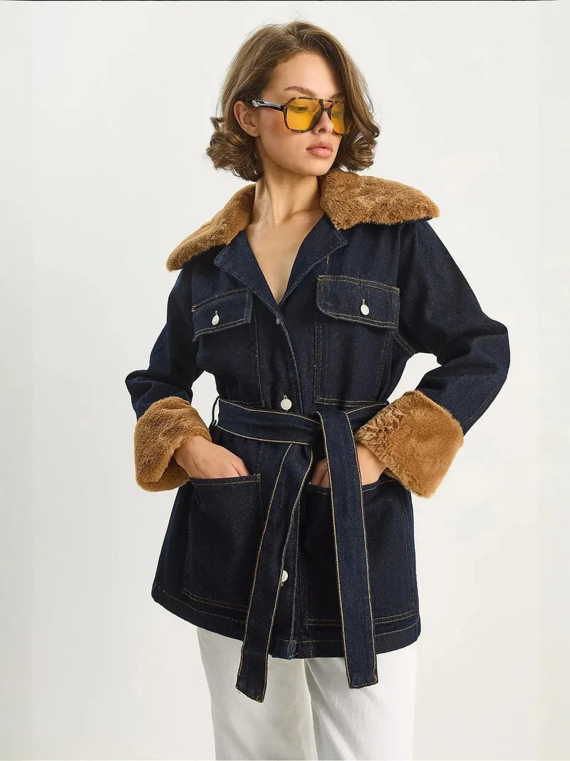 Bianco Lucci LUCCI Denim Jacket with Faux Fur Detail
