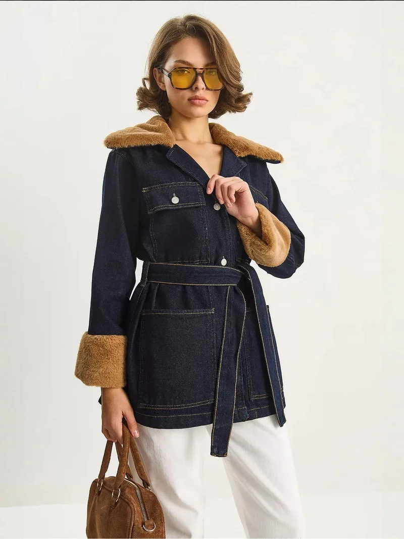 Bianco Lucci LUCCI Denim Jacket with Faux Fur Detail