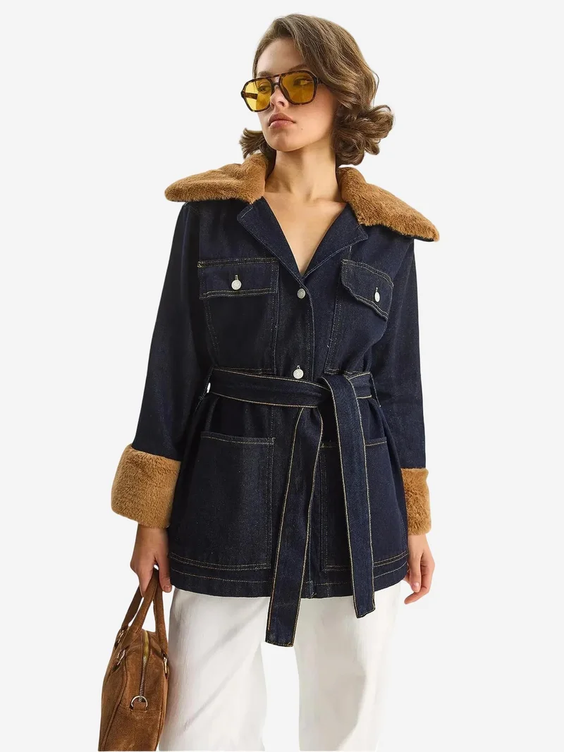 Bianco Lucci LUCCI Denim Jacket with Faux Fur Detail