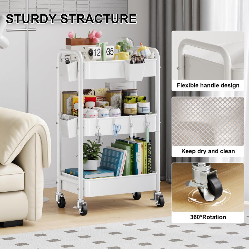Aofure 3 Tier Rolling Cart Metal with Wheels, White Three Tiered Craft Cart Organizer on Wheels, Storage Utility Carts for Art, Baby Nursery,Diaper Caddy, Cleaning Supplies, Nail,Lash,Snack,Book,Roller Shelf - Image 3