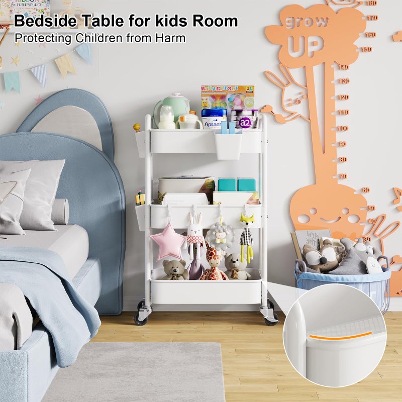 Aofure 3 Tier Rolling Cart Metal with Wheels, White Three Tiered Craft Cart Organizer on Wheels, Storage Utility Carts for Art, Baby Nursery,Diaper Caddy, Cleaning Supplies, Nail,Lash,Snack,Book,Roller Shelf - Image 2