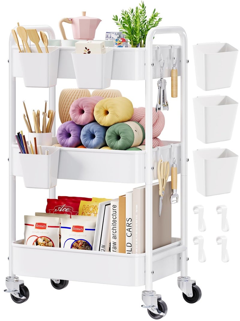 Aofure 3 Tier Rolling Cart Metal with Wheels, White Three Tiered Craft Cart Organizer on Wheels, Storage Utility Carts for Art, Baby Nursery,Diaper Caddy, Cleaning Supplies, Nail,Lash,Snack,Book,Roller Shelf - Image 1
