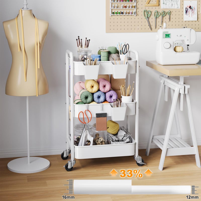 Aofure 3 Tier Rolling Cart Metal with Wheels, White Three Tiered Craft Cart Organizer on Wheels, Storage Utility Carts for Art, Baby Nursery,Diaper Caddy, Cleaning Supplies, Nail,Lash,Snack,Book,Roller Shelf - Image 4