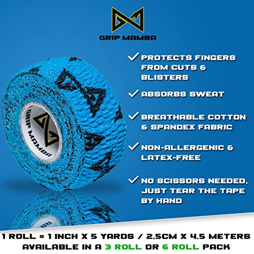 GRIP MAMBA Elastic Athletic Finger Tape, 1”Wide w/Premium Adhesive, Protects Hand Thumb Fingers Enhances Grip, Sleeve Blister Wrap for Sports, Golf, Tennis, Basketball, Pickleball (Blue, 3 Rolls) - Image 5
