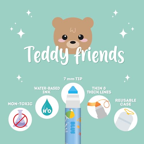 Legami - Set of 12 Pens - Teddy Friends, 12 Assorted Colours, Washable and Non-Toxic, Anti-indentation Tip, Thin and Wide Lines, for Children and Girls, Reusable Packaging - Image 3
