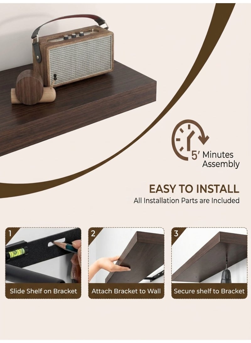 Living 100cm Dark Brown Straight Wooden Wall Shelf | Flat Floating Shelf with No External Brackets | Flexible Wall Arrangement & Display Base - Image 4