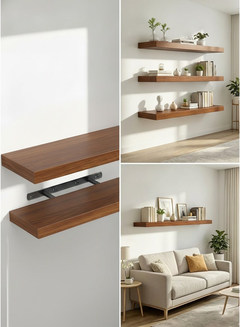 Living 100cm Dark Brown Straight Wooden Wall Shelf | Flat Floating Shelf with No External Brackets | Flexible Wall Arrangement & Display Base - Image 3