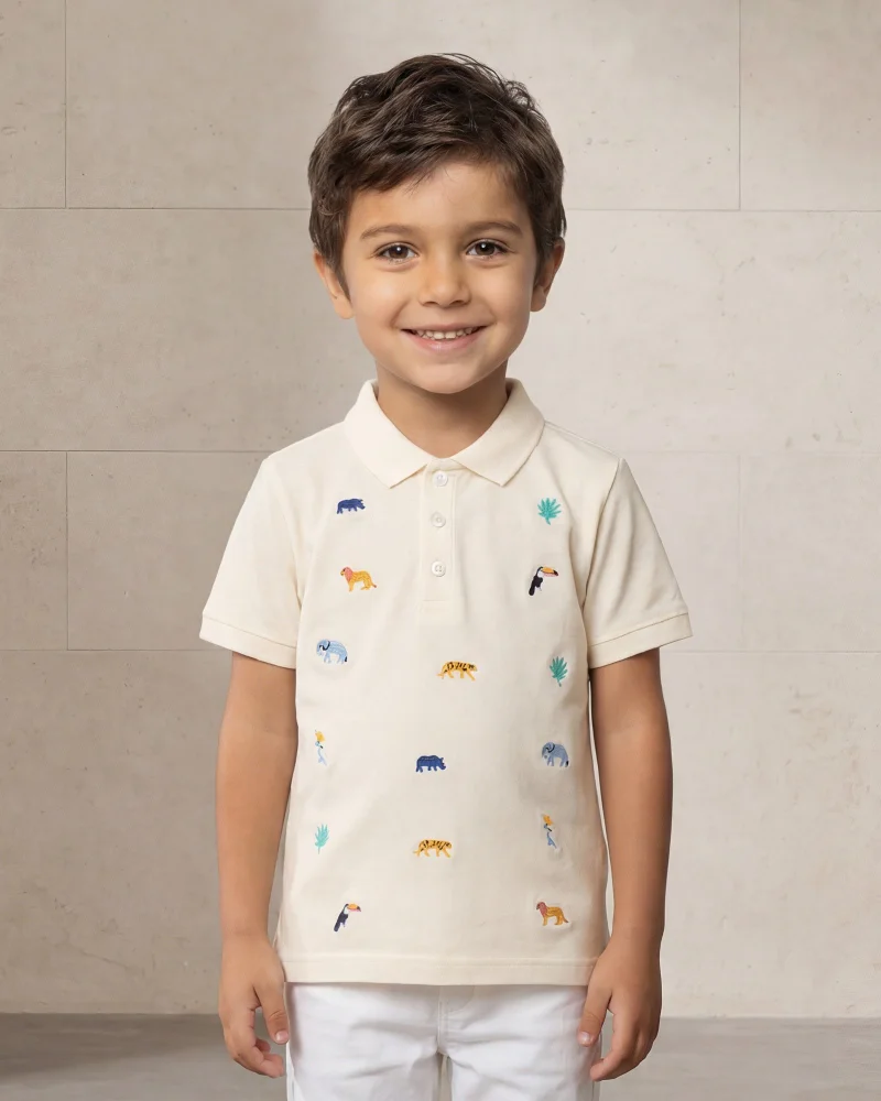 Redtag Boys Cream Printed Polo Shirt