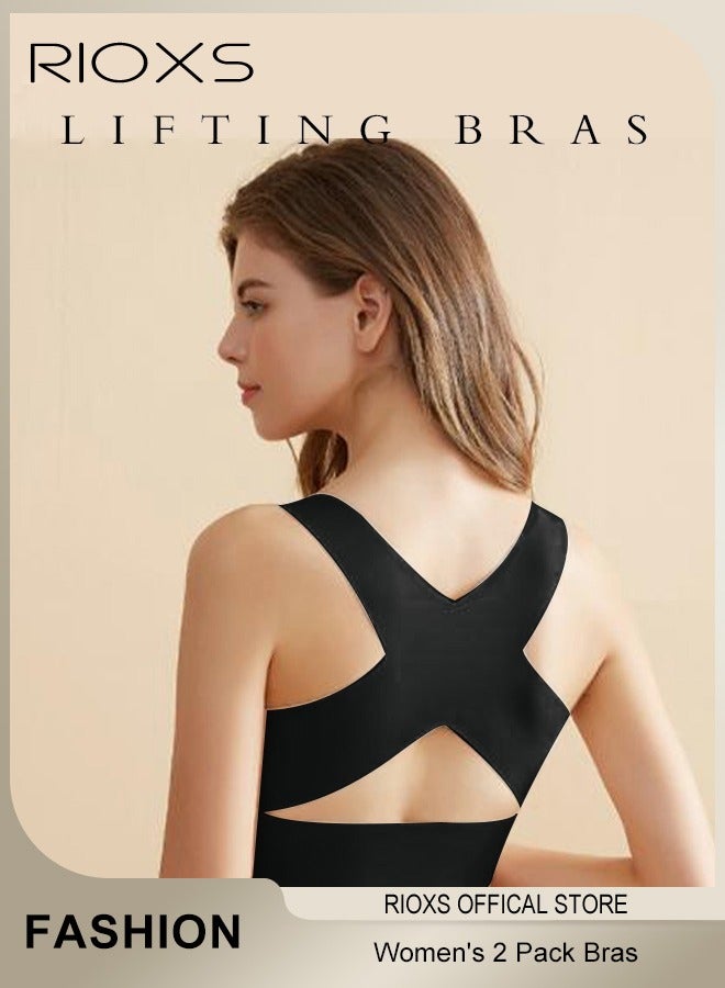 ريوكس 2 حزمة حمالات صدر نسائية بإغلاق أمامي، حمالات صدر بدون أسلاك وبدون درزات، حمالات صدر داخلية مشكلة مع حزام خلفي على شكل X، حمالات صدر لتصحيح وضعية الجسم، حمالات صدر للنوم بتغطية كاملة، حمالات صدر رافعة، حمالات صدر للاستخدام اليومي للعمل والركض والمشي لمسافات طويلة والرقص، أسود - Image 3