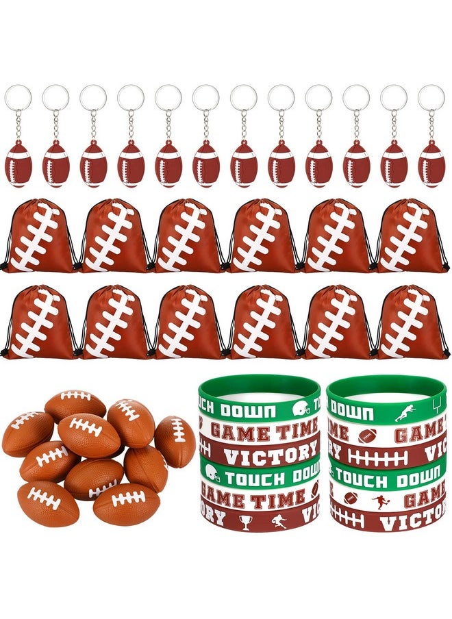 LEIFIDE - 48 Pcs Basketball Soccer Football Baseball Party Favors Supplies 12 Silicone Bracelet 12 Drawstring Treat Bag 12 Mini Stress Ball 12 Keychains For Birthday Sports Party Supplies (Football) - Image 1