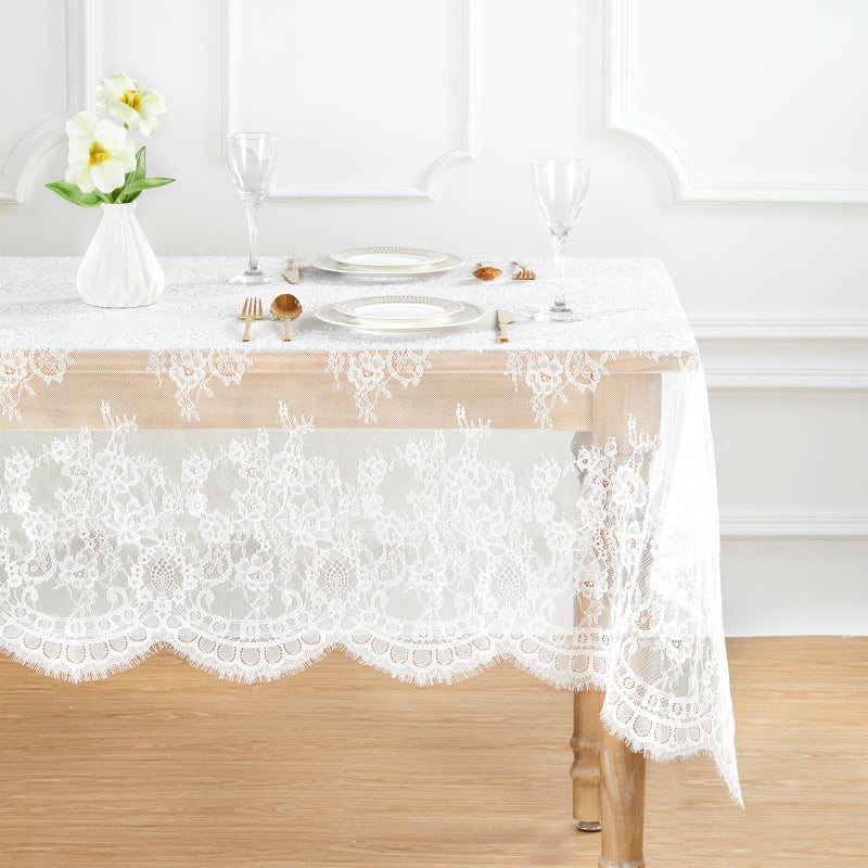 BCOOL 2 Pieces 60x120 Inch Lace Table Cloths Farmhouse Rustic White Tablecloth for Bridal Shower Flower Table Linen Outdoor Decorations