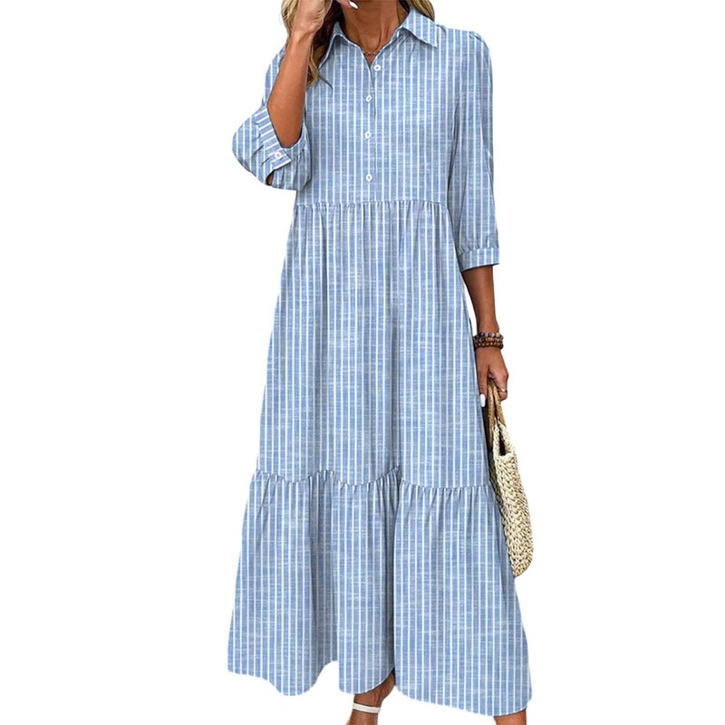 XNC Women's Blue and White Striped Shirt Maxi Dress 2025 Summer Fashion Collared Breezy Print 3/4 Sleeve Long Dresses - Image 1
