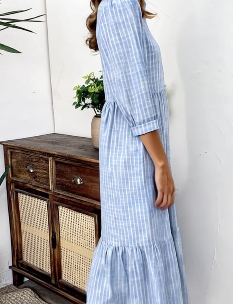 XNC Women's Blue and White Striped Shirt Maxi Dress 2025 Summer Fashion Collared Breezy Print 3/4 Sleeve Long Dresses - Image 3