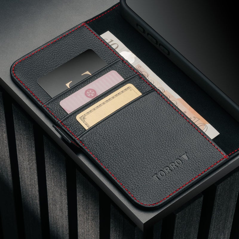 TORRO Leather Case Compatible with iPhone 17 Pro Max 6.9" 2025 - Premium Leather Wallet Flip Case with Kickstand and Card Slots (Compatible with Official MagSafe Chargers) - Black - Image 4