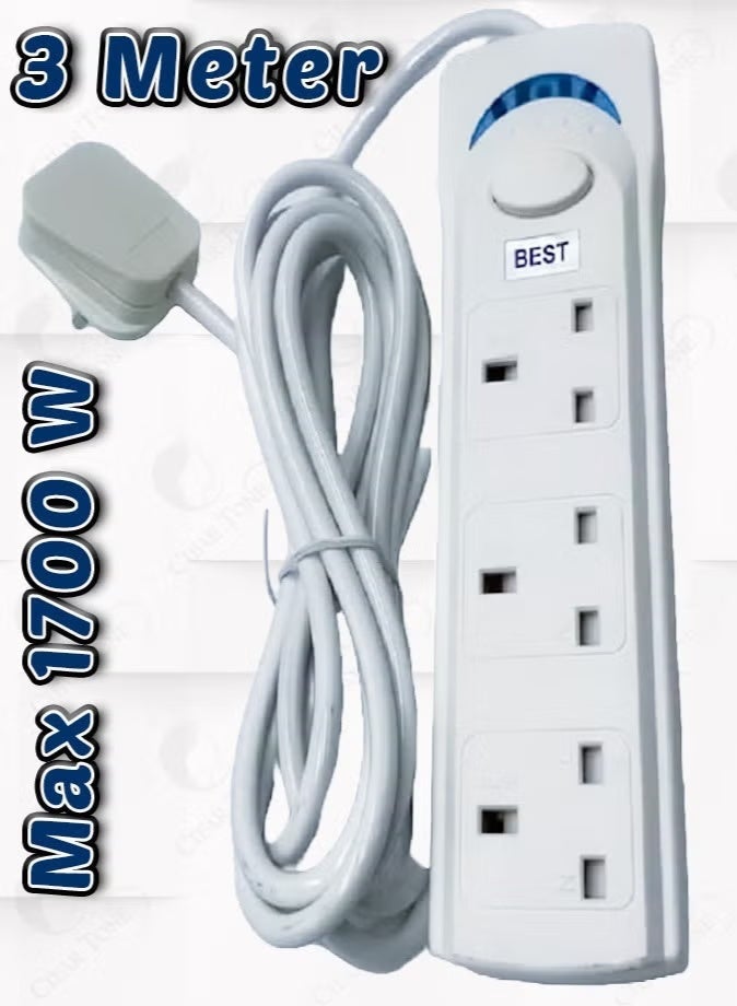 Best 3-Socket Power Strip Extension Cord – 3 Meter Cable – Universal Plug Adapter – Extension Socket for Home & Office - Image 1