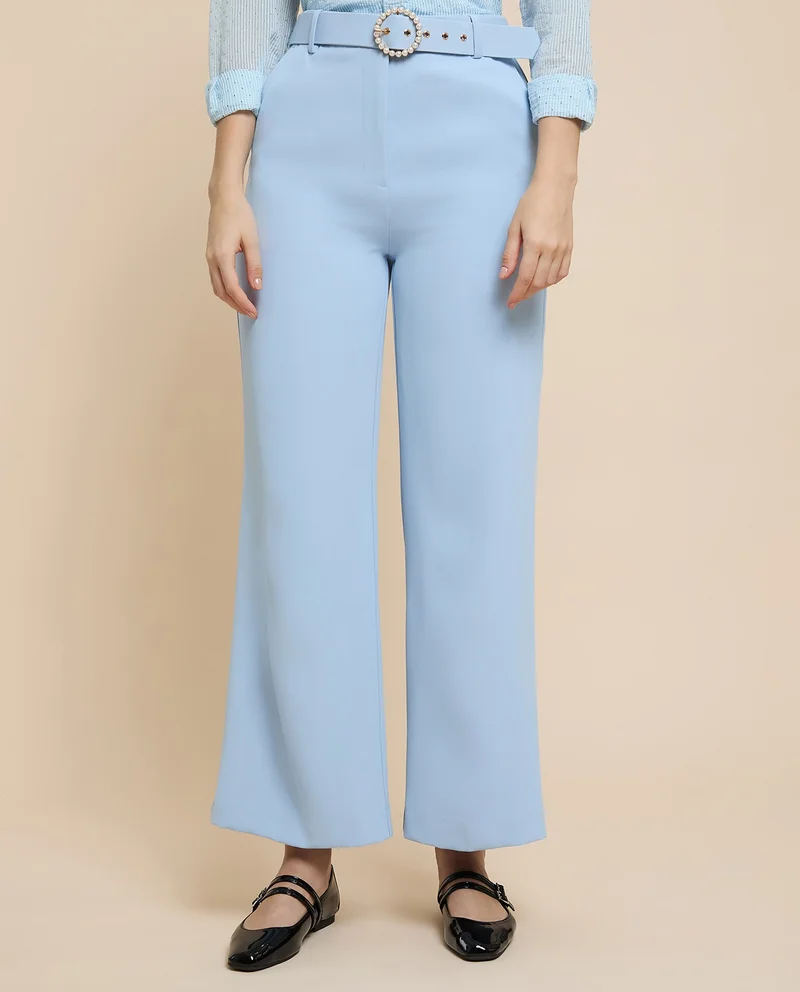 أر أند بي Solid Wide Leg Trousers with Button Closure