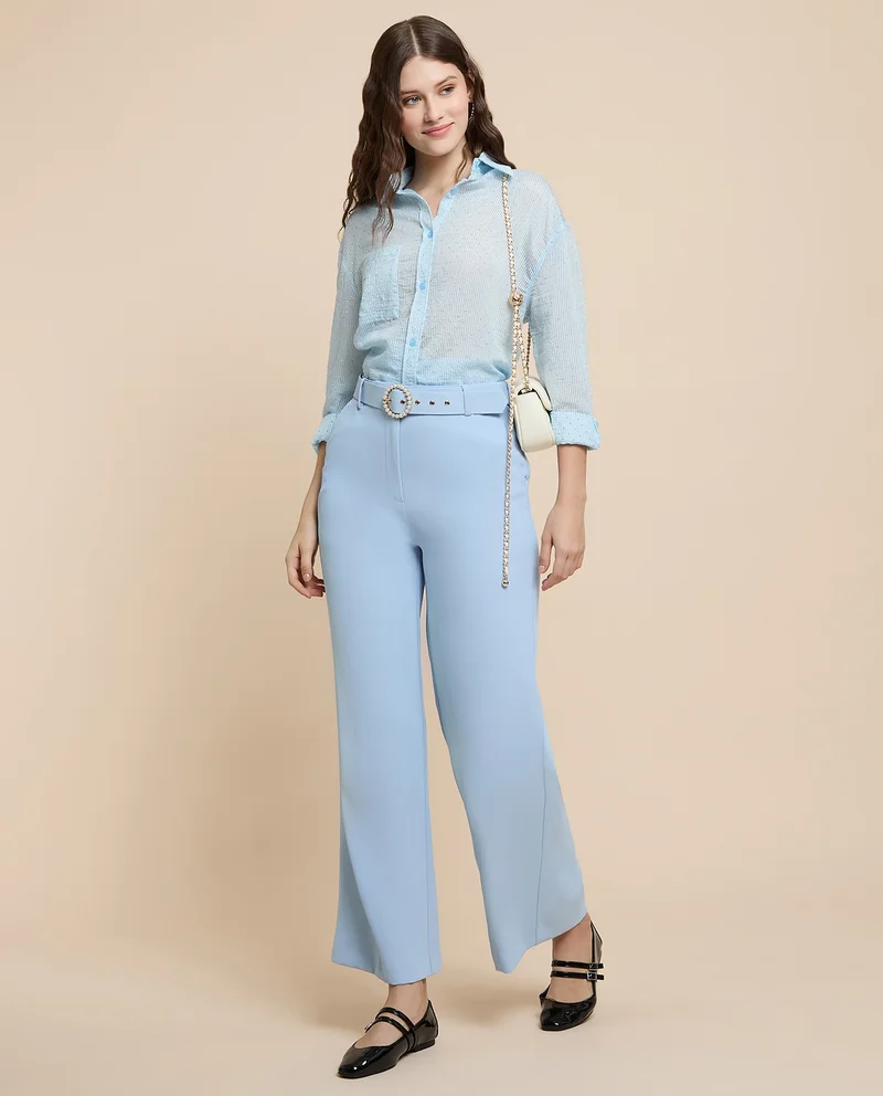 أر أند بي Solid Wide Leg Trousers with Button Closure