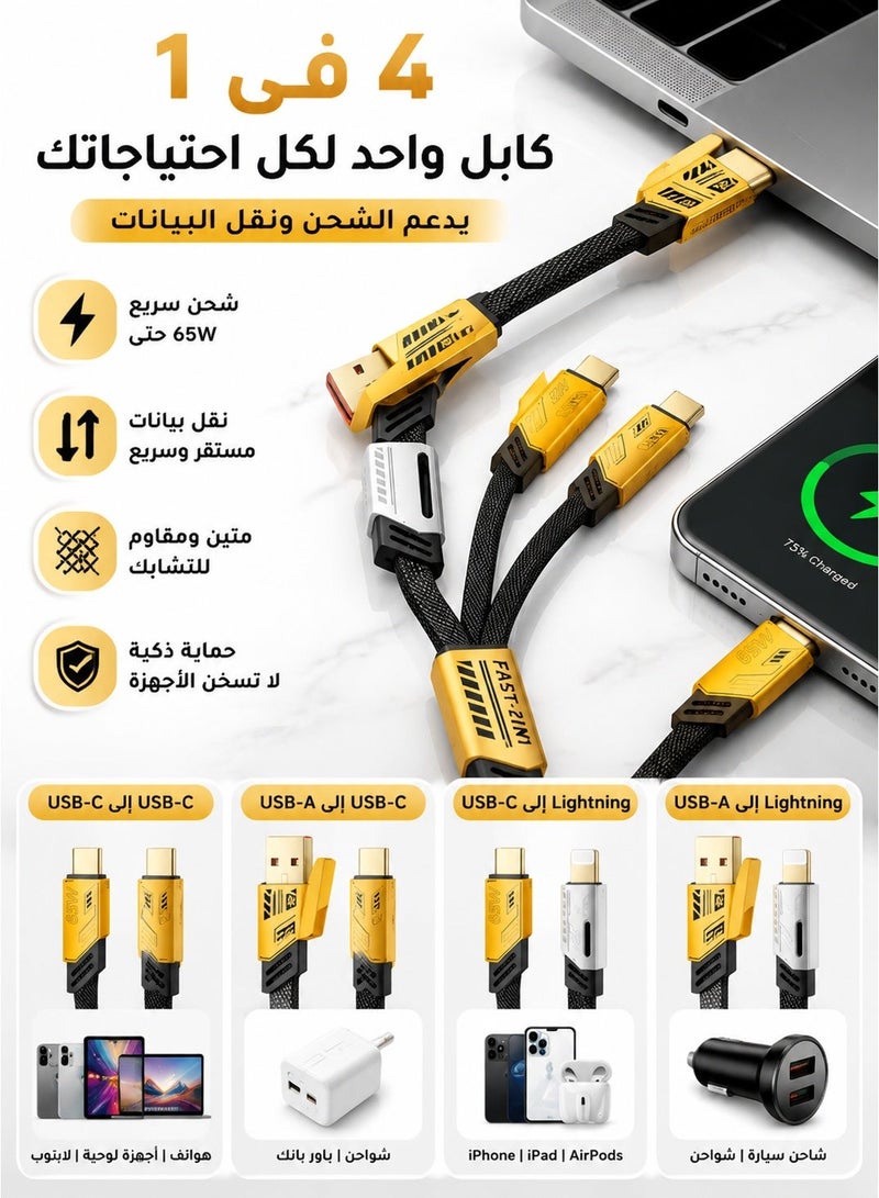 ESSAGER 4-in-1 USB-C Fast Charging Cable with Dual Type-C & USB-A Interfaces, Supports Pd 65w Fast Charging, Flat and Tangle-Free Braided Charging Cable - Image 3