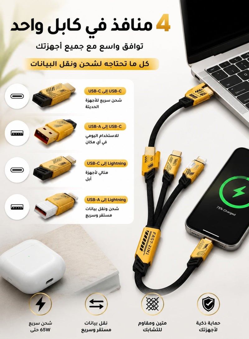 ESSAGER 4-in-1 USB-C Fast Charging Cable with Dual Type-C & USB-A Interfaces, Supports Pd 65w Fast Charging, Flat and Tangle-Free Braided Charging Cable - Image 4