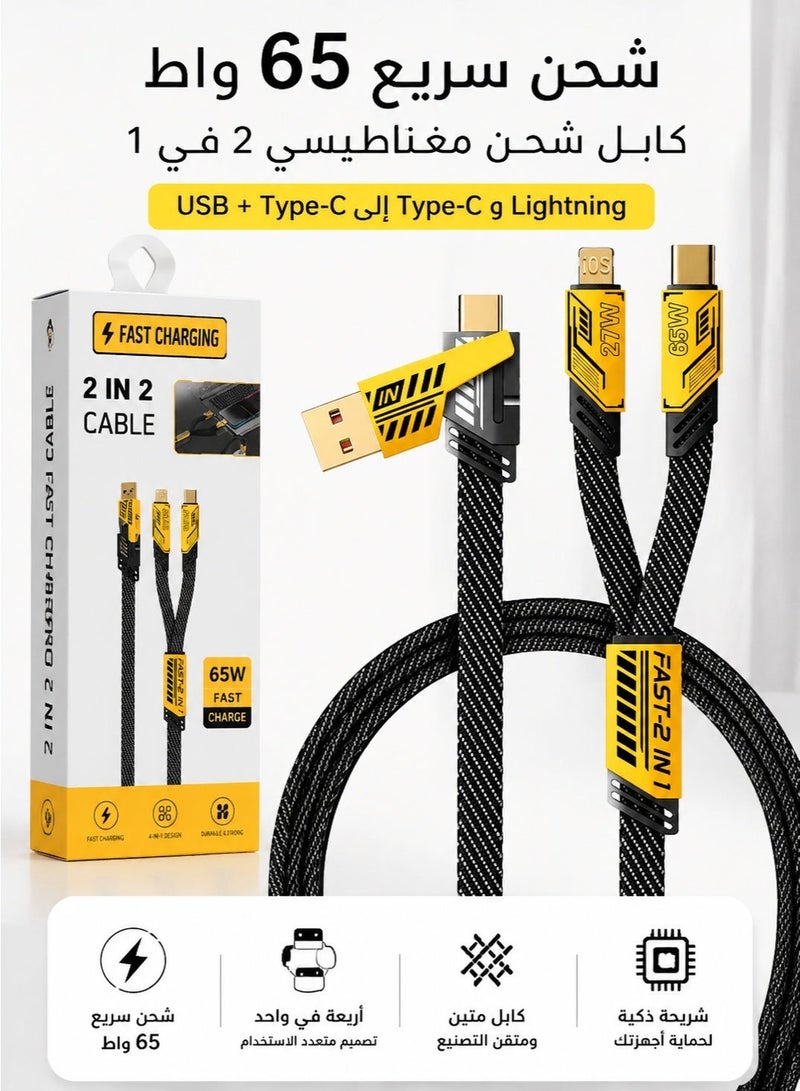 ESSAGER 4-in-1 USB-C Fast Charging Cable with Dual Type-C & USB-A Interfaces, Supports Pd 65w Fast Charging, Flat and Tangle-Free Braided Charging Cable - Image 1