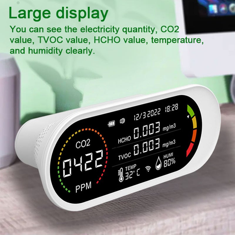 Household Air Quality Detector Multifunctional Semiconductor Sensors CO2 Tester LCD Display with Backlit Carbon Dioxide TVOC HCHO Value Temperature Humidity Detect Self-calibration with Alarm Function - Image 2