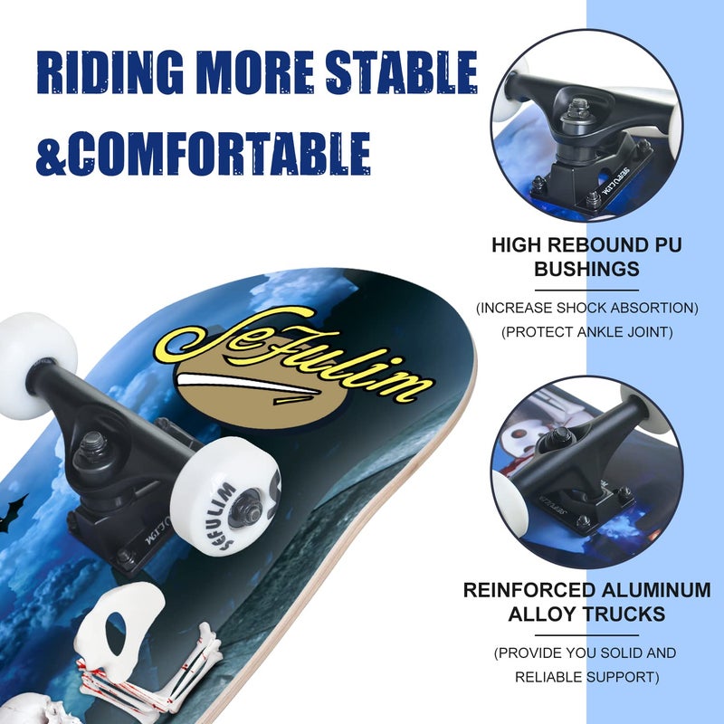 Sefulim 31 x 8 Inch Complete Skateboard 7 Layer Canadian Maple Double Kick Deck Concave Cruiser Trick Skateboard for Boys Girls Teens Adults Beginner - Image 4
