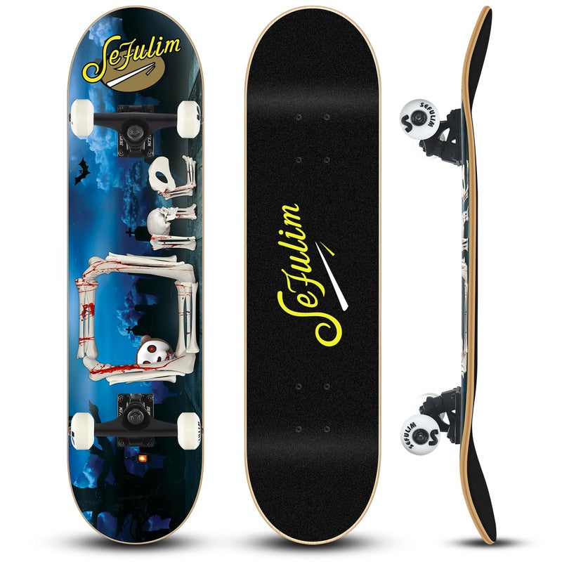 Sefulim 31 x 8 Inch Complete Skateboard 7 Layer Canadian Maple Double Kick Deck Concave Cruiser Trick Skateboard for Boys Girls Teens Adults Beginner - Image 1