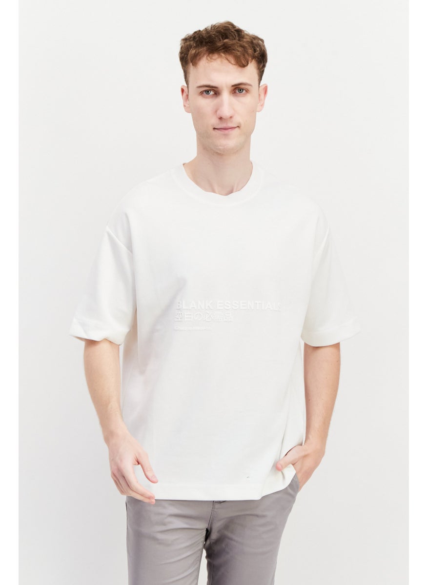 Blank Essentials - Men Round Neck Short Sleeve Brand Logo T-Shirt, Off White - Image 1